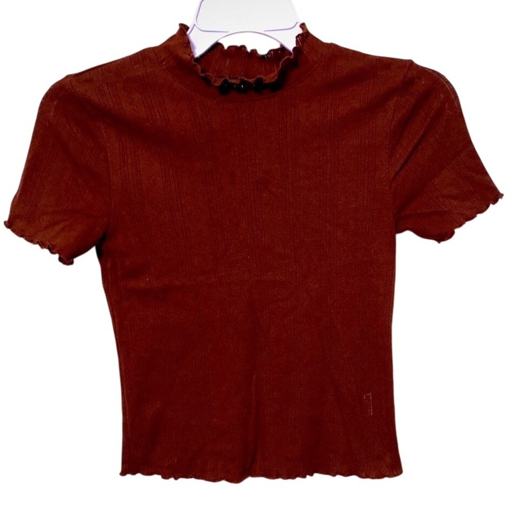 Ruffled Mock‎ Neck Top Short Sleeve Ribbed Knit Tee Shirt girls size 12